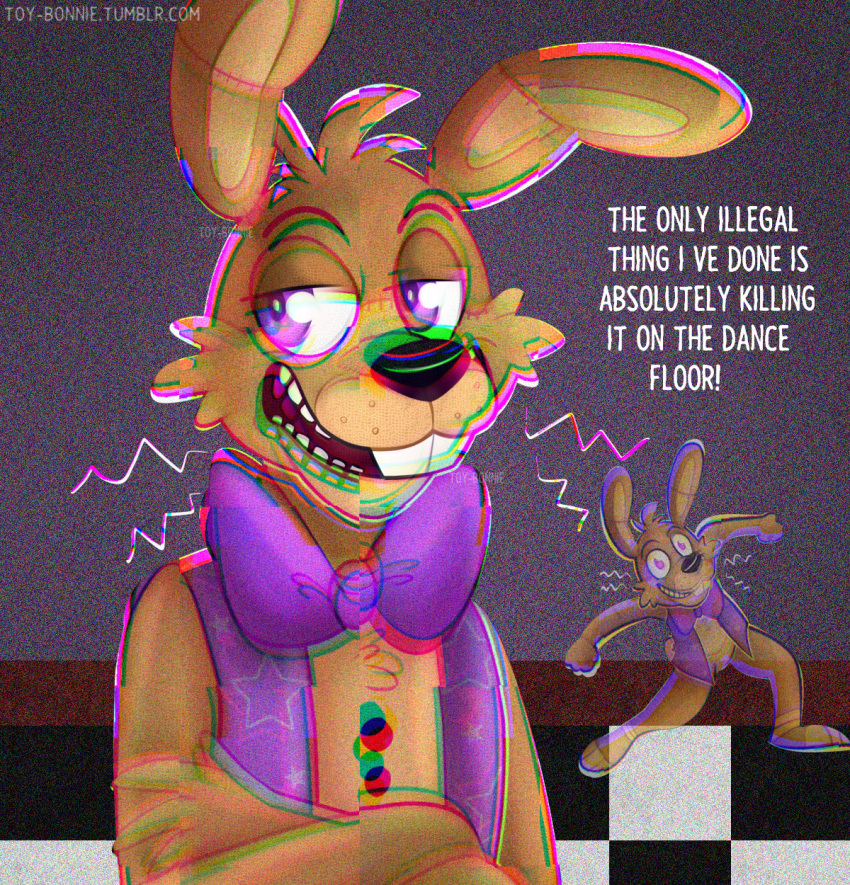 2020 anthro barefoot big_bow_tie big_teeth black_eyebrows black_nose bottomless bow_tie brown_body brown_fur buckteeth checkered_wall close-up clothed clothing crossover dialogue english_text eyebrows fist five_nights_at_freddy's five_nights_at_freddy's_vr:help_wanted fnaf_vr_help_wanted fur glitchtrap half-closed_eyes hi_res lagomorph leporid long_ears looking_aside looking_at_viewer male mammal meme multicolored_body multicolored_fur narrowed_eyes open_mouth pose purple_eyes rabbit raised_arm skinny smile solo standing stitch_(disambiguation) tan_body tan_fur teeth text the_simpsons thin_eyebrows toony topwear toy-bonnie translucent translucent_body vest video_games whiskers