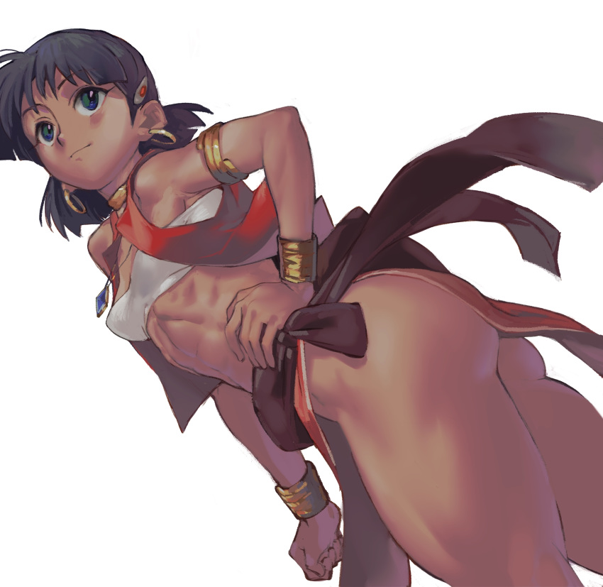 1girl abs armlet ass bandeau black_hair blue_eyes bracer breasts dark_skin dark_skinned_female earrings from_below fushigi_no_umi_no_nadia hair_ornament hand_on_hip highres hoop_earrings jewelry nadia neck_ring open_clothes open_vest pelvic_curtain sarong satou_toshiyuki short_hair small_breasts solo standing thick_thighs thighs toned translation_request vest white_background