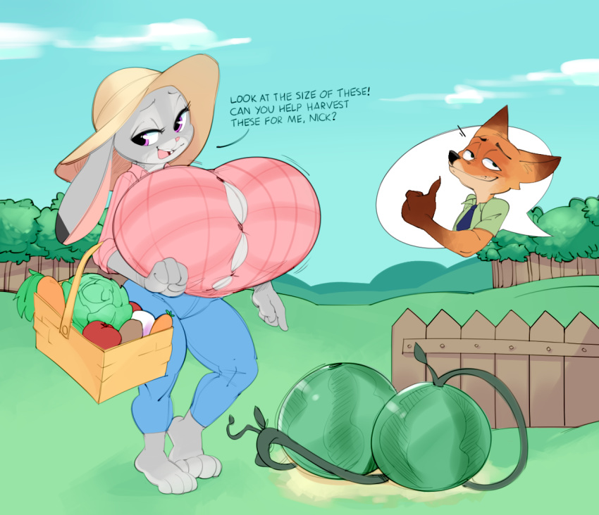 anthro big_breasts breasts bulumble-bee canid canine clothed clothing disney english_text female food fox fruit fur gesture grey_body grey_fur huge_breasts judy_hopps lagomorph leporid male mammal melon nick_wilde plant rabbit smile text thumbs_up watermelon zootopia