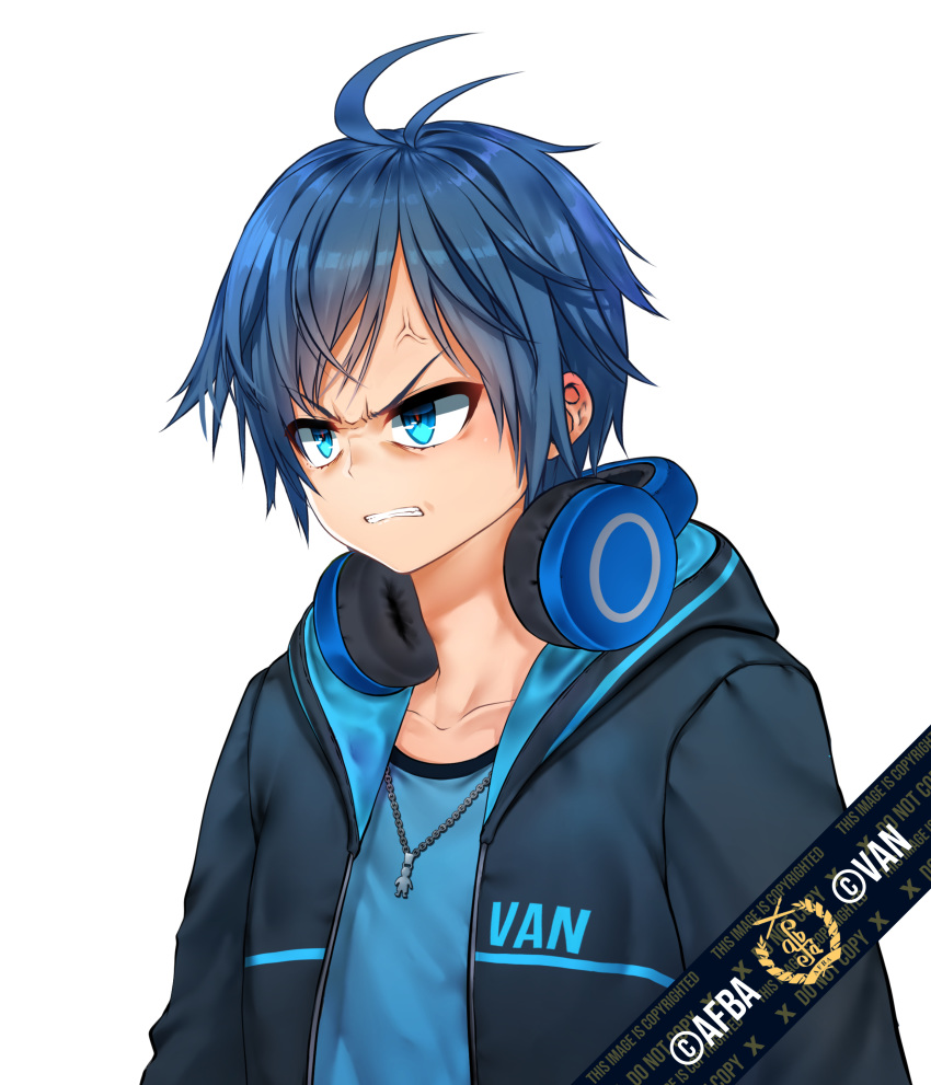 1boy absurdres afba anger_vein angry bangs blue_hair blush clenched_teeth collarbone commission ears english_commentary english_text eyebrows_visible_through_hair furrowed_eyebrows hair_between_eyes headphones headphones_around_neck highres hood hood_down hoodie jewelry necklace original short_hair short_sleeves simple_background teeth white_background