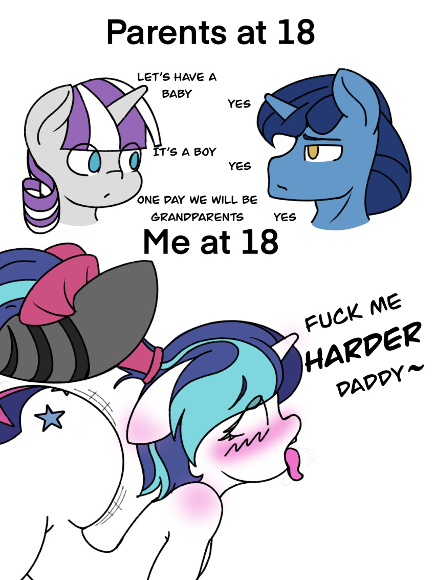 3:4 anthro ask_bottom_armor bent_over big_butt blush butt daddy_kink dialogue english_text equid equine friendship_is_magic girly hair hasbro hi_res horn huge_butt lefthighkick male male/male mammal meme my_little_pony night_light_(mlp) pulling_hair shining_armor_(mlp) text tongue tongue_out touching_hair twilight_velvet_(mlp) unicorn zebra