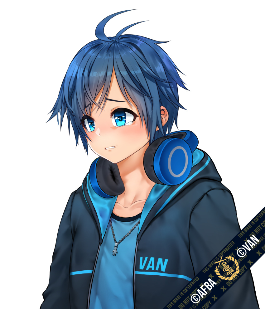 1boy absurdres afba bangs blue_hair blush collarbone commission crying crying_with_eyes_open ears english_commentary english_text eyebrows_visible_through_hair hair_between_eyes headphones headphones_around_neck highres hood hood_down hoodie jewelry necklace open_mouth original sad short_hair short_sleeves simple_background tearing_up tears teeth white_background