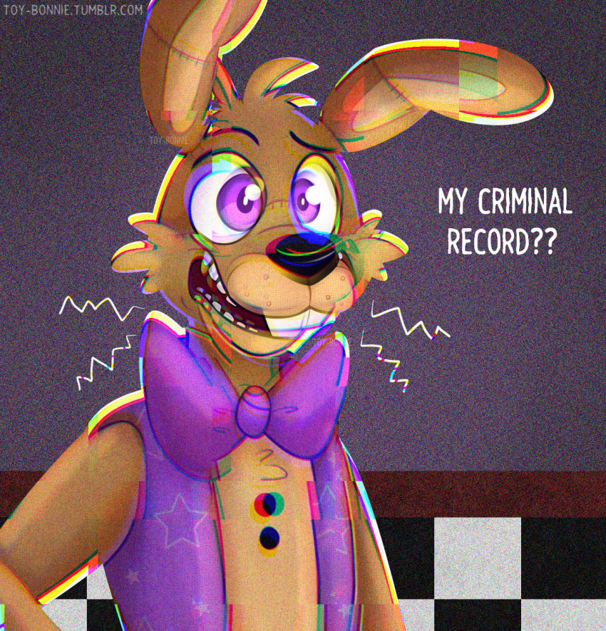 2020 ? anthro big_bow_tie big_teeth black_eyebrows black_nose bow_tie brown_body brown_fur buckteeth checkered_wall close-up clothed clothing dialogue english_text eyebrows five_nights_at_freddy's five_nights_at_freddy's_vr:help_wanted fnaf_vr_help_wanted fur glitchtrap hi_res lagomorph leporid long_ears male mammal multicolored_body multicolored_fur open_mouth purple_eyes question rabbit skinny smile solo standing stitch_(disambiguation) tan_body tan_fur teeth text thin_eyebrows toony topwear toy-bonnie vest video_games whiskers