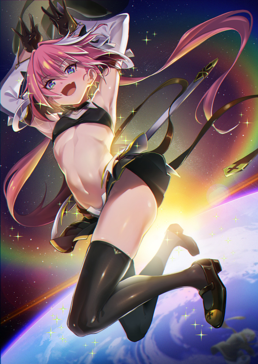 1boy armpits astolfo_(fate) astolfo_(saber)_(fate) bare_shoulders belt black_bow black_gloves black_legwear black_neckwear black_ribbon black_shirt black_skirt blush bow bowtie crop_top earth elbow_gloves fate/grand_order fate_(series) full_body gloves hair_intakes highres long_hair long_sleeves looking_at_viewer low_twintails male_focus midriff multicolored_hair navel otoko_no_ko pink_hair planet pleated_skirt purple_eyes ribbon shirt skirt smile space streaked_hair sun suppa_(hagakuresuppa) thighhighs twintails white_hair