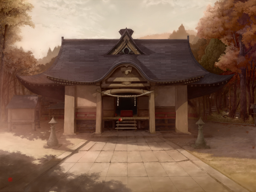 architecture arctic box building cloud cloudy_sky commentary donation_box east_asian_architecture falling_leaves fence forest gensoukyou hakurei_shrine highres leaf maple_leaf muted_color nature no_humans orb pavement porch railing rope scenery shimenawa shrine sky stone_lantern stone_walkway touhou tree yin_yang yin_yang_orb