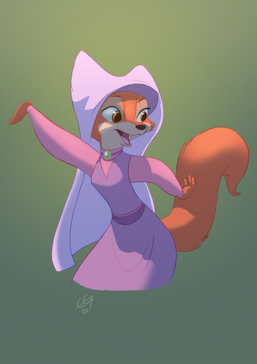 2020 absurd_res acornart anthro canid canine cheek_tuft clothed clothing disney facial_tuft female fox fully_clothed fur green_background hi_res light lighting maid_marian mammal open_mouth orange_body orange_fur robin_hood_(disney) signature simple_background solo tongue tuft