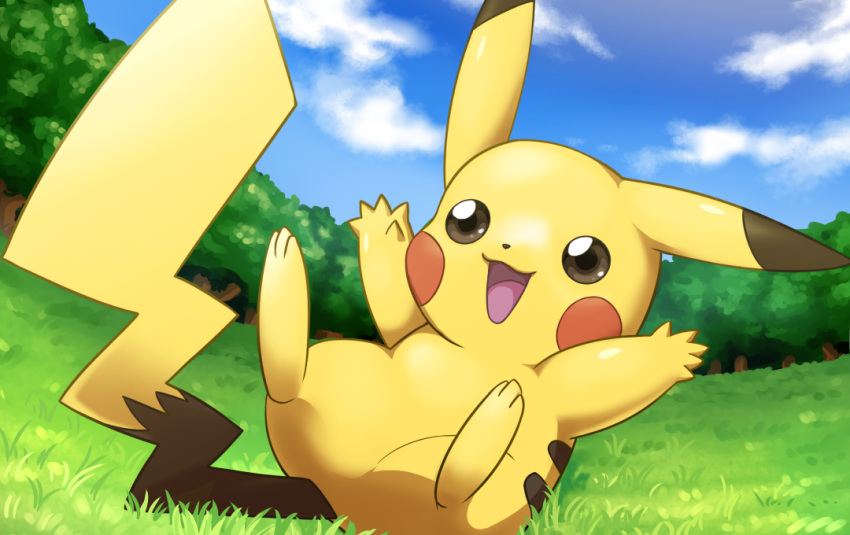 :d black_eyes blue_sky cloud cloudy_sky commentary_request creature day full_body gen_1_pokemon grass hakuginnosora happy no_humans open_arms open_mouth outdoors pikachu pokemon pokemon_(creature) sitting sky smile solo tree