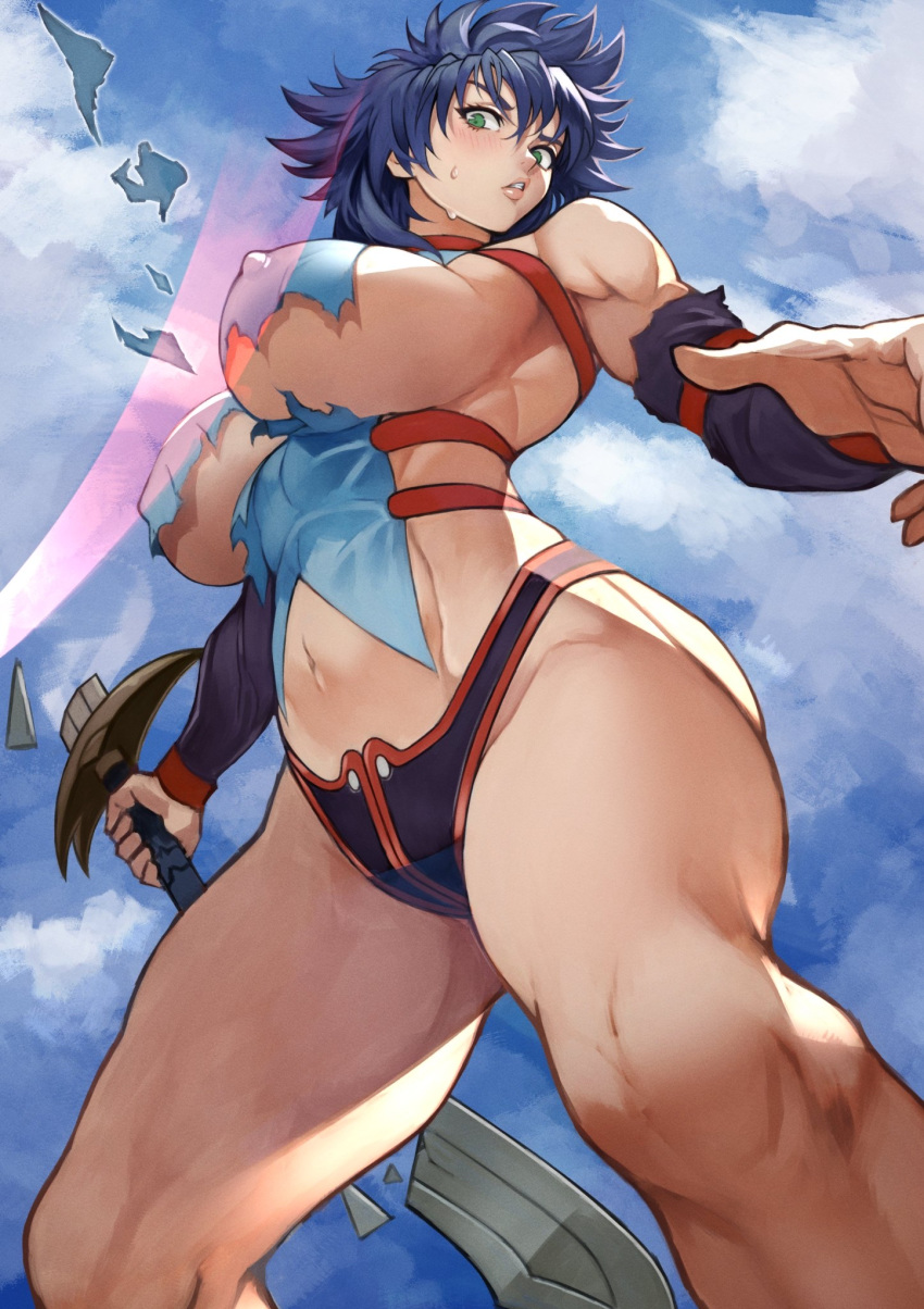 1girl bare_shoulders bastard!! blue_hair blue_sky breasts broken broken_sword broken_weapon cloud cloudy_sky covered_nipples crack green_eyes hair_between_eyes highres holding holding_sword holding_weapon kai_harn medium_hair muscular muscular_female navel open_hand outdoors parted_lips sky slashing solo sweat sword torn torn_clothes turtleneck weapon yoshio_(55level)