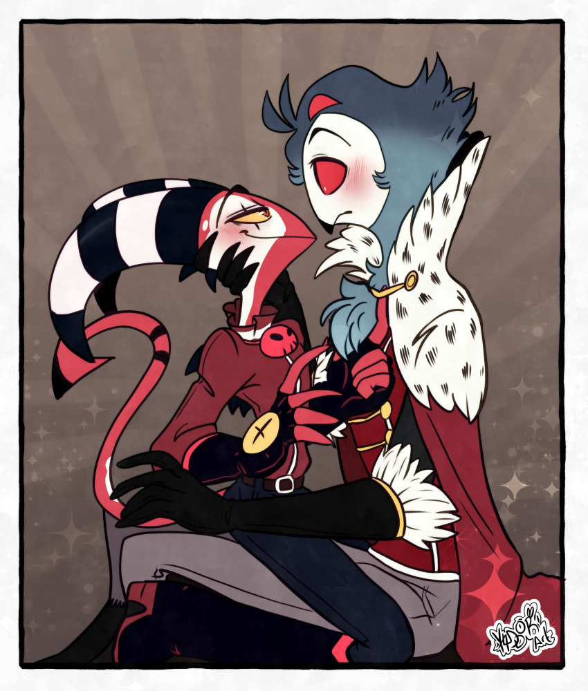 4_eyes absurd_res anthro avian bird blitzo_(vivzmind) blush cape clothed clothing demon duo eye_contact gloves handwear helluva_boss hi_res holding_head imp looking_at_another male male/male multi_eye owl red_eyes sitting_on_person smile stolas_(vivzmind) yaddoriart