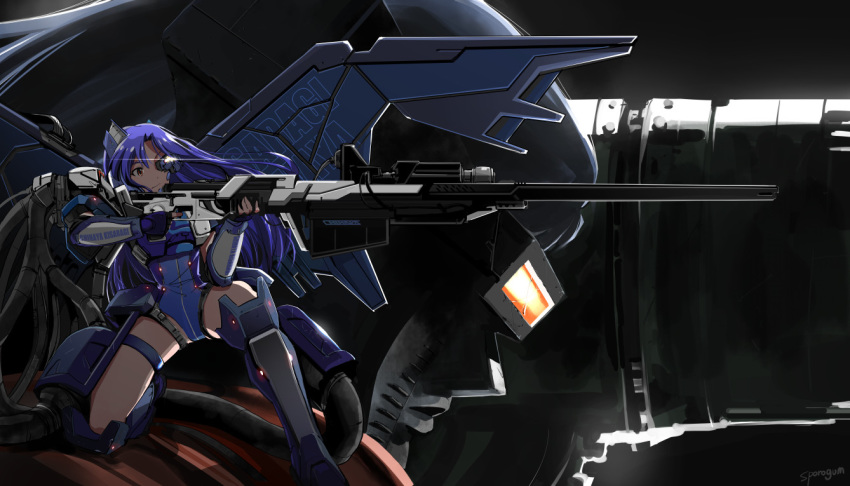 1girl :| anti-materiel_rifle armor beam_rifle blue_hair closed_mouth energy_gun gun holding holding_gun holding_weapon idolmaster kisaragi_(mujin_gattai_kisaragi) kisaragi_chihaya lips mecha mechanical_wings mujin_gattai_kisaragi on_shoulder one-piece_swimsuit rifle scouter sniper_rifle sporogum swimsuit visor weapon wings yellow_eyes