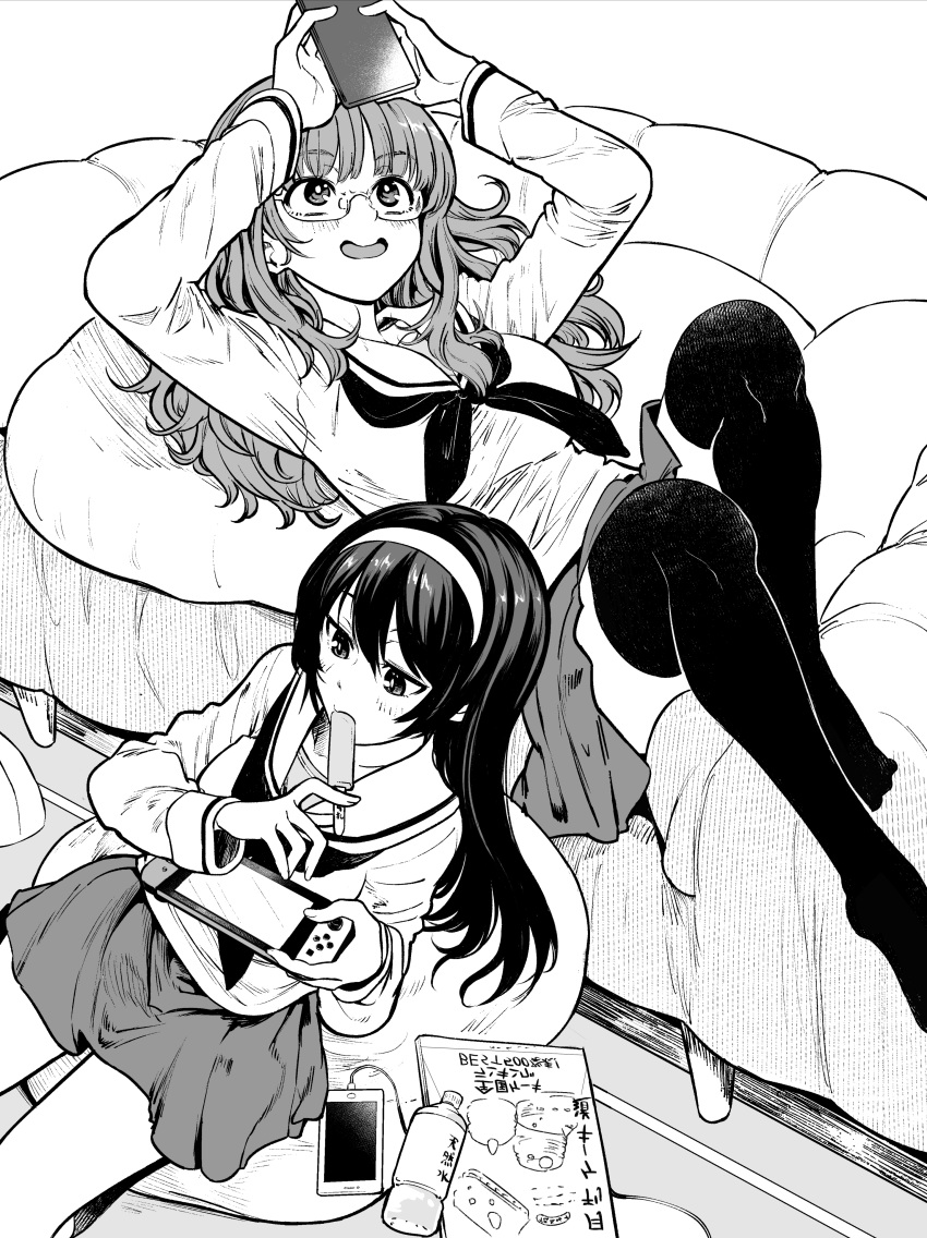 2girls absurdres arms_up bangs bean_bag_chair blouse blunt_bangs bonkara_(sokuseki_maou) bottle cellphone commentary controller couch eyes_visible_through_hair food game_controller girls_und_panzer glasses greyscale hairband highres holding holding_controller holding_food holding_game_controller holding_phone indoors knees_up long_hair long_sleeves lying miniskirt monochrome multiple_girls neckerchief nintendo_switch on_back on_couch ooarai_school_uniform open_mouth phone pleated_skirt popsicle reizei_mako school_uniform serafuku sitting skirt smartphone smile takebe_saori thighhighs water_bottle