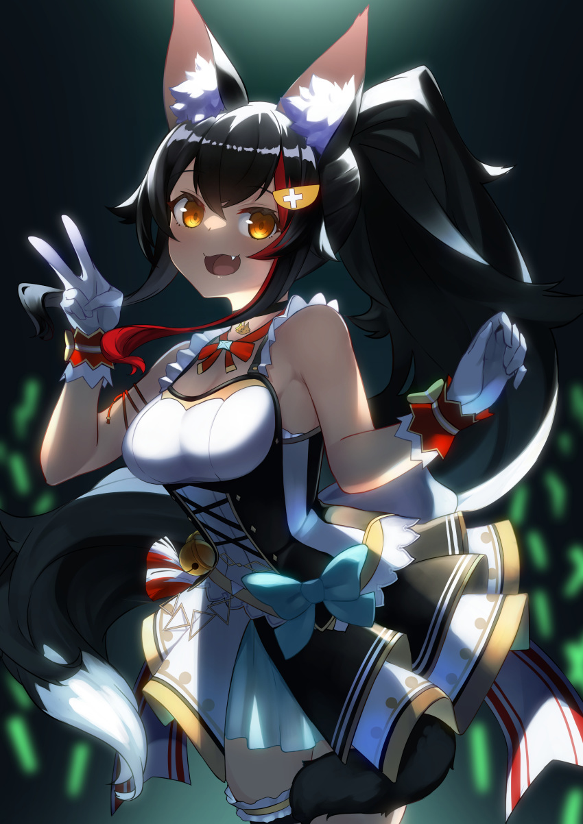 1girl :d absurdres animal_ear_fluff animal_ears bare_shoulders bell black_hair blue_bow blurry blurry_background bow breasts brown_eyes depth_of_field dress fang gloves glowstick hair_ornament hands_up highres hololive jingle_bell long_hair looking_at_viewer medium_breasts multicolored_hair ookami_mio open_mouth pleated_dress ponytail red_hair sleeveless sleeveless_dress smile solo streaked_hair tail thigh_strap v very_long_hair virtual_youtuber white_dress white_gloves wolf_ears wolf_girl wolf_tail yamabuki7979