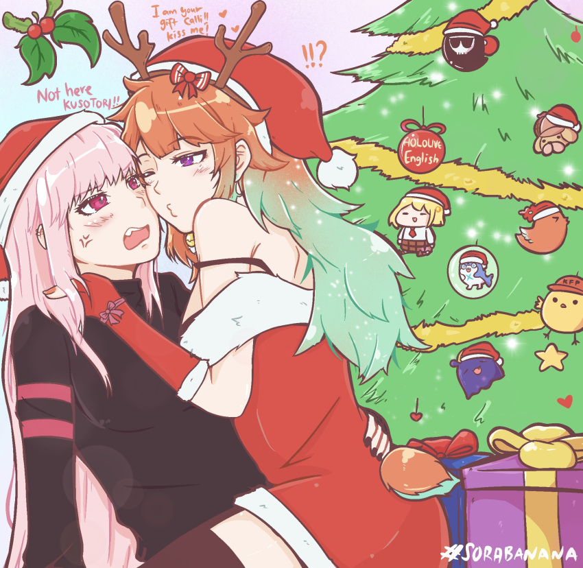 2girls bangs box breasts bubba_(watson_amelia) christmas christmas_ornaments christmas_tree death_(entity) detached_sleeves dress english_text eyebrows_visible_through_hair fur-trimmed_dress fur_trim gift gift_box girl_on_top gradient_hair grim_reaper hat highres hololive hololive_english long_hair mori_calliope multicolored_hair multiple_girls open_mouth orange_hair pink_hair purple_eyes santa_costume santa_hat soranana_(kinirobanana) straddling takanashi_kiara tako_(ninomae_ina'nis) tsundere virtual_youtuber watson_amelia yuri