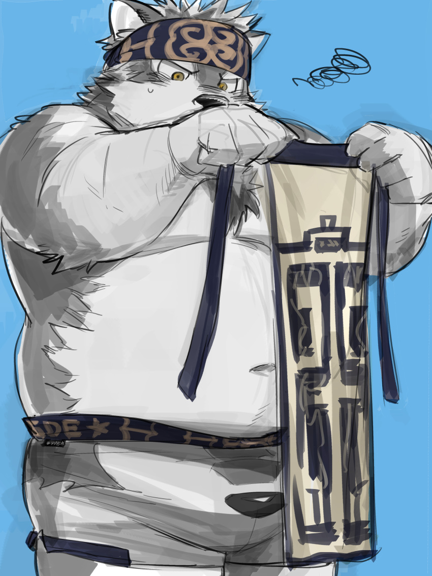 2020 3:4 absurd_res anthro belly black_nose blue_background canid canine canis clothing hi_res horkeukamui kemono kita_9999 male mammal navel overweight overweight_anthro overweight_male simple_background solo tokyo_afterschool_summoners underwear video_games wolf
