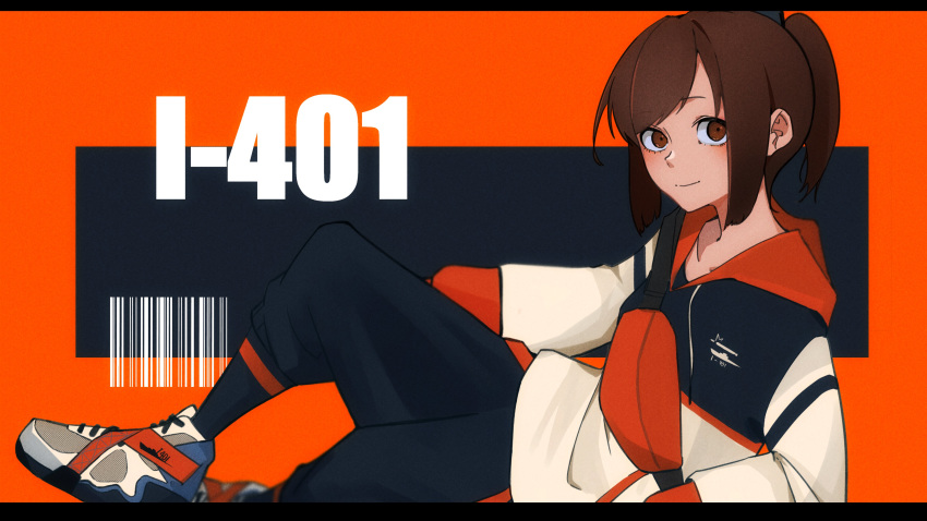 1girl absurdres alternate_costume black_pants brown_eyes brown_hair casual character_name highres i-401_(kantai_collection) kan6e_ver kantai_collection looking_at_viewer pants ponytail shoes short_hair smile sneakers solo sweater white_footwear