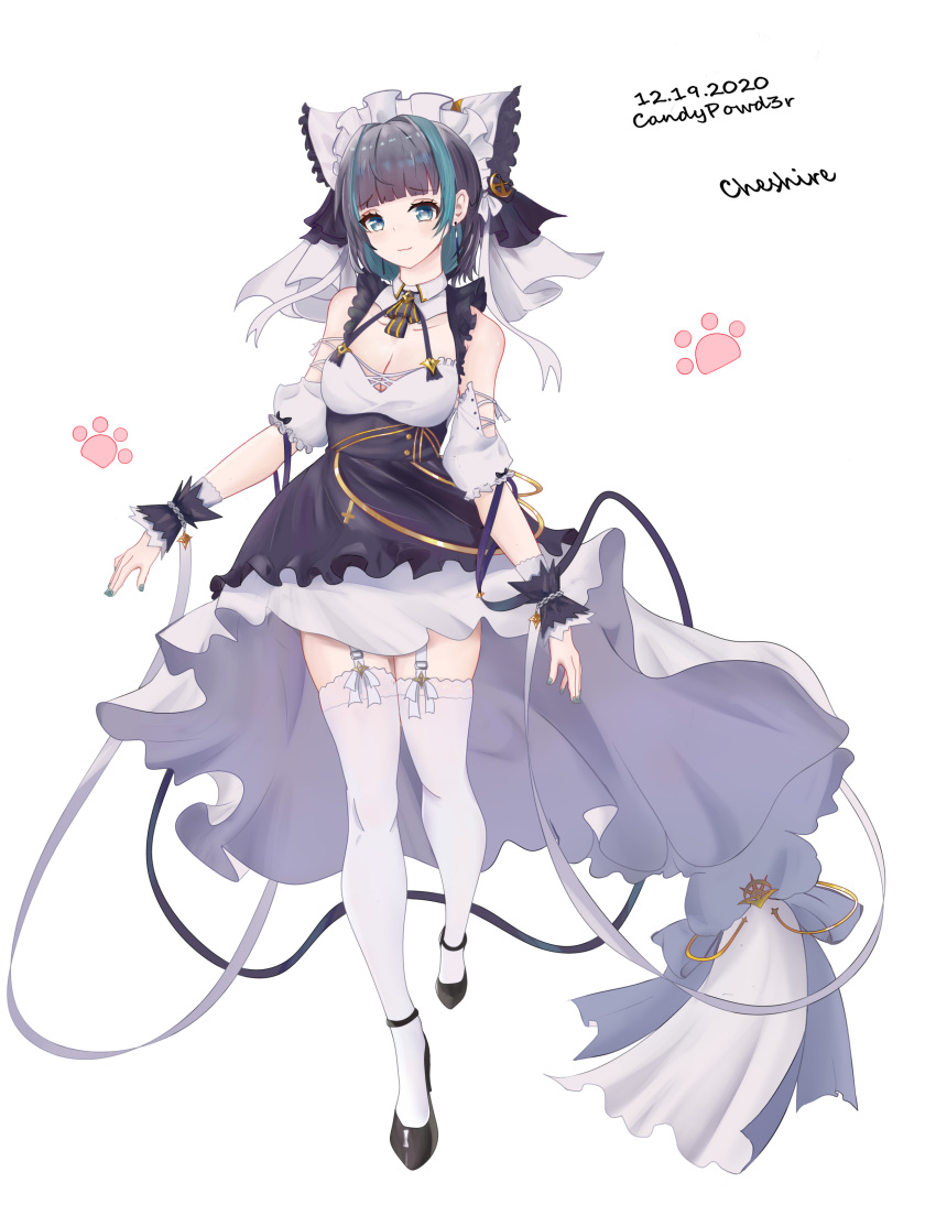 1girl 2020 absurdres animal_ears aqua_eyes artist_name azur_lane black_footwear breasts candypowd3r character_name cheshire_(azur_lane) cleavage detached_sleeves dress fake_animal_ears frilled_hairband frilled_headband frilled_ribbon frills full_body garter_straps hairband highres large_breasts long_dress long_ribbon maid_headdress multicolored_hair puffy_detached_sleeves puffy_sleeves purple_apron purple_hair ribbon simple_background solo streaked_hair thighhighs two-tone_hair white_background white_legwear wrist_cuffs