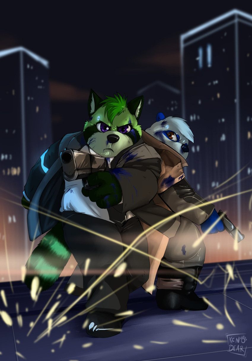 2020 ailurid anthro black_nose bottomwear city clothing duo fur green_body green_fur hi_res humanoid_hands kenobear male mammal necktie night outside overweight overweight_male pants red_panda shirt topwear weapon