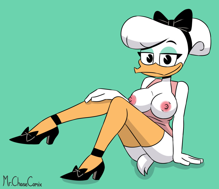 2020 accessory anatid anseriform anthro avian bird black_clothing black_footwear black_shoes breasts clothing daisy_duck disney duck ducktales ducktales_(2017) exposed_breasts feathers female footwear green_background hair_accessory hair_bow hair_ribbon hi_res high_heels mrchasecomix nipples non-mammal_breasts ribbons shirt_down shoes simple_background sitting solo white_body white_feathers