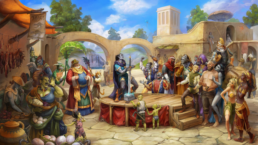 16:9 altmer ambiguous_gender anthro argonian audience axe being_watched bethesda_softworks big_breasts breasts cheering child city clothed clothing crowd dark_elf dunmer elf fancy_clothing feather_fan felid female food group guar hi_res human humanoid khajiit looking_at_another male mammal market melee_weapon merchant orc orsimer overweight scalie shopping smoking_pipe stage struggling sword the_elder_scrolls toned_body topless velena-gorosama video_games weapon widescreen yelling young
