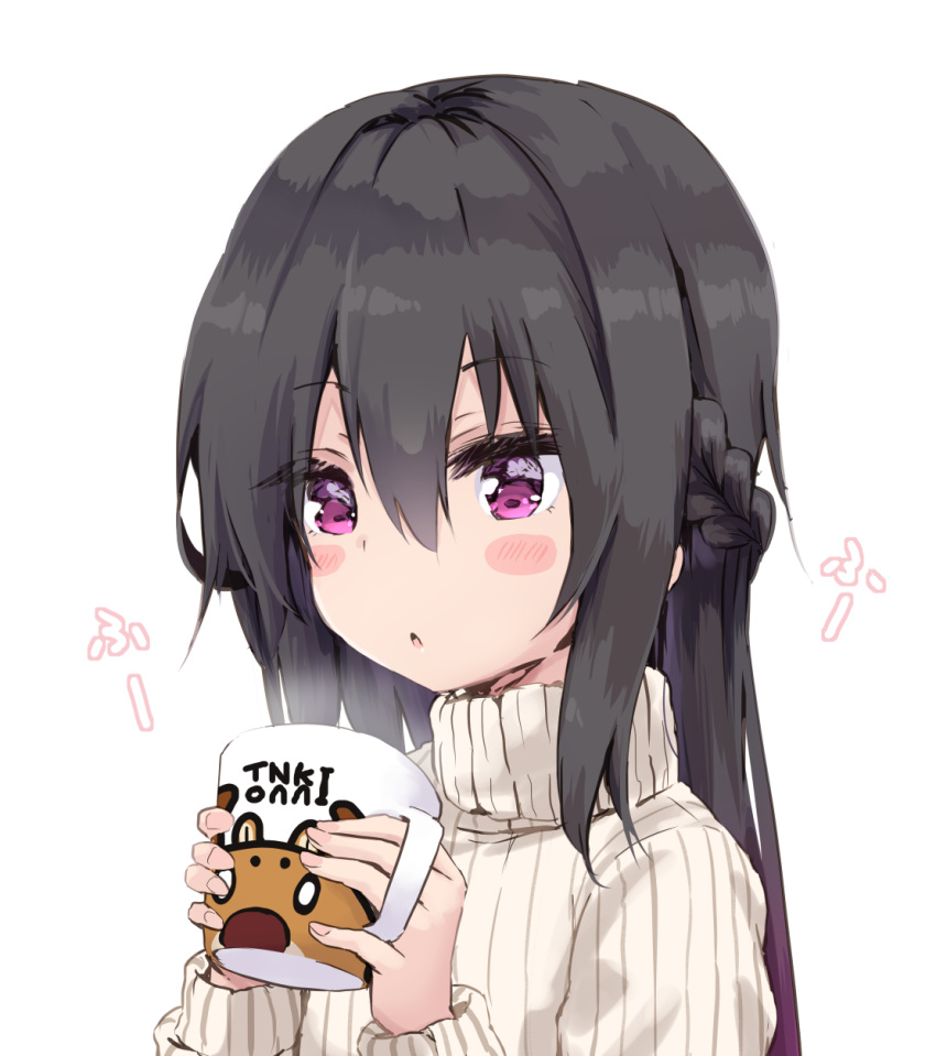 1girl amano_kouki bangs black_hair blush_stickers braid commentary_request cup eyebrows_visible_through_hair hair_between_eyes highres holding holding_cup long_hair long_sleeves mug note-chan original parted_lips purple_eyes ribbed_sweater simple_background solo steam sweater swimsuit turtleneck turtleneck_sweater upper_body white_background white_swimsuit