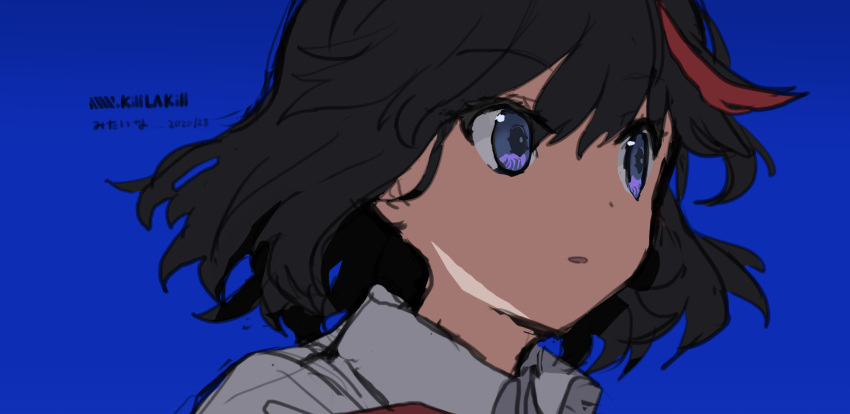 1girl 2020 black_hair blue_background blue_eyes collared_shirt dated dot_nose dress_shirt ears english_text eyebrows_visible_through_hair highres kill_la_kill long_image looking_to_the_side matoi_ryuuko multicolored_hair open_mouth red_hair shadow shirt simple_background solo streaked_hair takatisakana tareme translation_request white_shirt wide_image