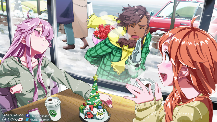 1boy 2girls ahoge badeline blush bouquet bra_strap brown_hair car celeste_(video_game) christmas closed_eyes closed_mouth coffee_cup collarbone cup dark_skin dark_skinned_male dated del disposable_cup facing_another flower ground_vehicle highres holding holding_bouquet holding_cup indoors logo_parody long_hair looking_at_another madeline_(celeste) motor_vehicle multiple_girls open_mouth purple_hair red_eyes red_sclera scarf smile snow starbucks theo_(celeste) twitter_username very_long_hair wallpaper yellow_scarf