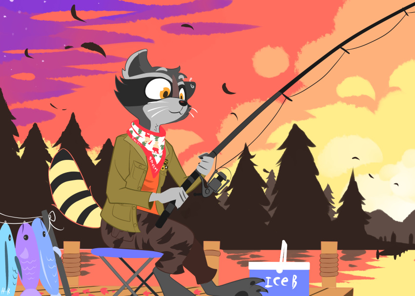 2020 absurd_res anthro black_body black_fur clothed clothing detailed_background fish fishing fishing_rod fully_clothed fur hi_res hydrabb male mammal marine outside plant procyonid raccoon sitting solo tree water white_body white_fur
