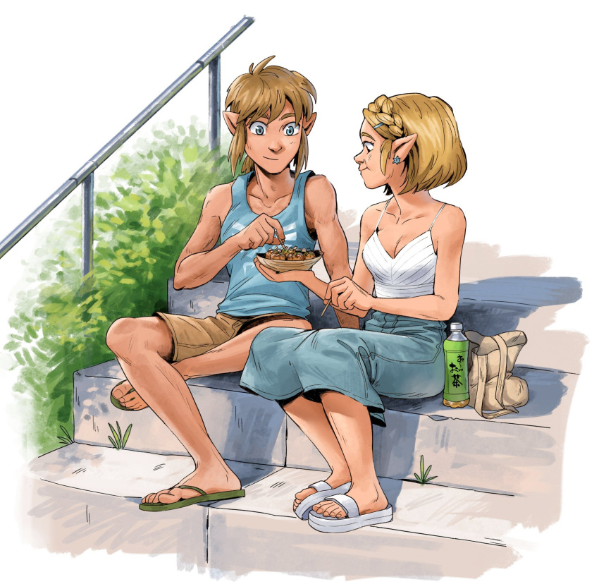 :t bag blonde_hair blue_eyes braid camisole casual commentary contemporary crown_braid day earrings english_commentary food full_body green_tea hair_ornament hairclip highres jewelry light_brown_hair link long_skirt malin_falch no_bra outdoors plastic_bottle pointy_ears princess_zelda sandals sharing_food short_hair shorts sidelocks sitting skirt smile solo stairs summer takoyaki tan tank_top tea the_legend_of_zelda the_legend_of_zelda:_breath_of_the_wild the_legend_of_zelda:_breath_of_the_wild_2 toenails toothpick