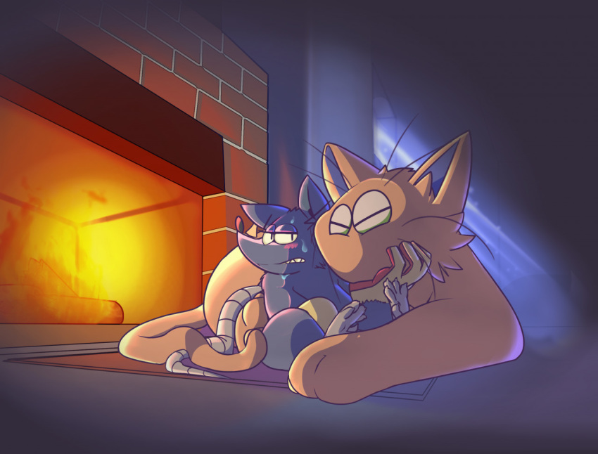 alexclimax anthro blush clothing cuddling domestic_cat duo embarrassed felid feline felis fire fireplace gloves handwear heart_(mad_rat_dead) mad_rat_(character) mad_rat_dead male male/male mammal murid murine nuzzling rat rodent