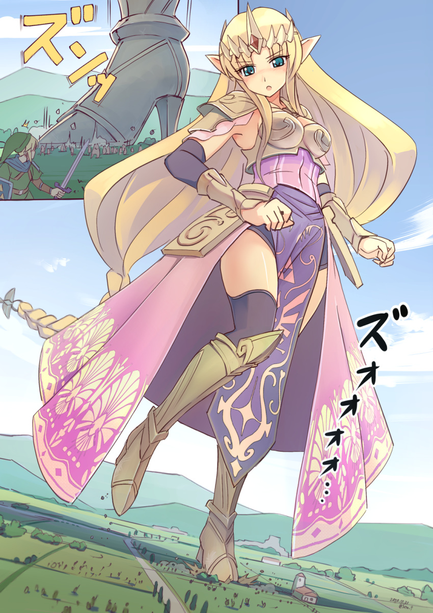 1boy 1girl armor armored_dress black_legwear blonde_hair blue_eyes blue_sky boots breasts cloud dress eyebrows_visible_through_hair giant giantess high_heel_boots high_heels highres holding holding_sword holding_weapon hylian_shield hyrule_warriors link long_hair medium_breasts mountain open_mouth outdoors pauldrons pink_dress pointy_ears princess_zelda seo_tatsuya shield short_hair shoulder_armor sky sword the_legend_of_zelda thighhighs tiara tunic weapon