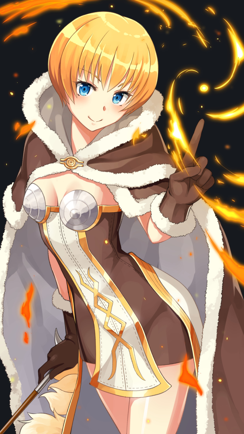 1girl bangs black_background blonde_hair blue_eyes blush bob_cut breasts brown_cape brown_dress brown_gloves cape closed_mouth commentary cowboy_shot dress eyebrows_visible_through_hair fire fur-trimmed_cape fur-trimmed_gloves fur_trim gloves high_wizard_(ragnarok_online) highres holding holding_wand ike_masato index_finger_raised katheryne_keyron looking_at_viewer magic ragnarok_online short_dress short_hair simple_background small_breasts smile solo two-sided_cape two-sided_fabric two-tone_dress wand white_cape white_dress