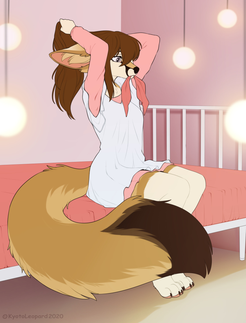 2020 4_toes 5_fingers absurd_res anthro black_nose breasts brown_body brown_fur brown_hair canid canine clothed clothing digital_media_(artwork) eyebrows eyelashes female fennec fingers fox fur hair hi_res kyotoleopard mammal solo toes