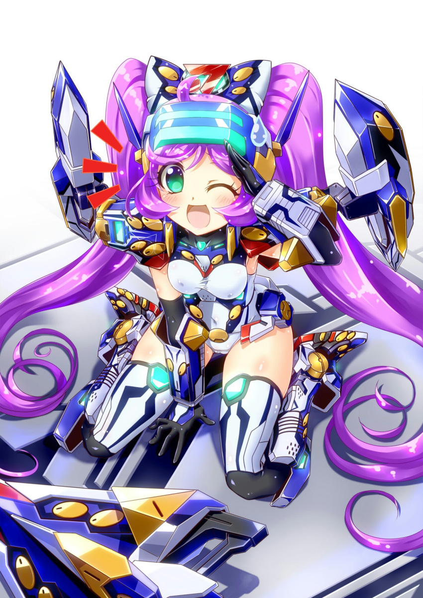 1girl bangs black_gloves blush breasts cosplay covered_navel covered_nipples crossover elbow_gloves eyebrows_visible_through_hair from_above gloves green_eyes highres long_hair looking_up manaka_lala mecha_musume medium_breasts one_eye_closed open_mouth pretty_(series) pripara purple_hair salute shield sitting solo temjin temjin_(cosplay) thighhighs very_long_hair virtual_on visor wariza yakisoba_(kaz2113)