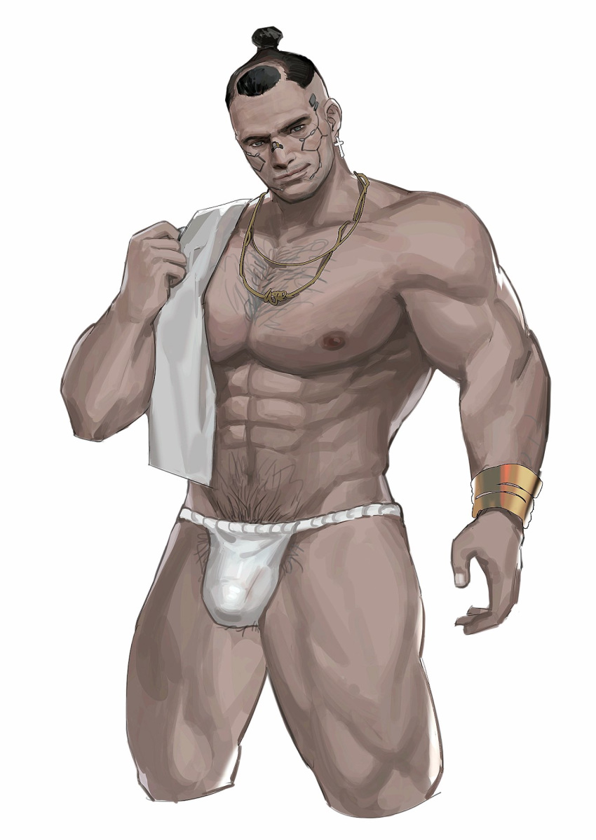 1boy abs bara bulge chest_hair cropped_legs cross cross_earrings cyberpunk_2077 earrings facial_tattoo fundoshi hairy highres jackie_welles japanese_clothes jewelry looking_at_viewer male_focus muscular muscular_male navel navel_hair necklace nipples pectorals short_hair smile solo tattoo thick_thighs thighs tied_hair towel towel_around_neck undercut underwear underwear_only white_background white_male_underwear yamariceball