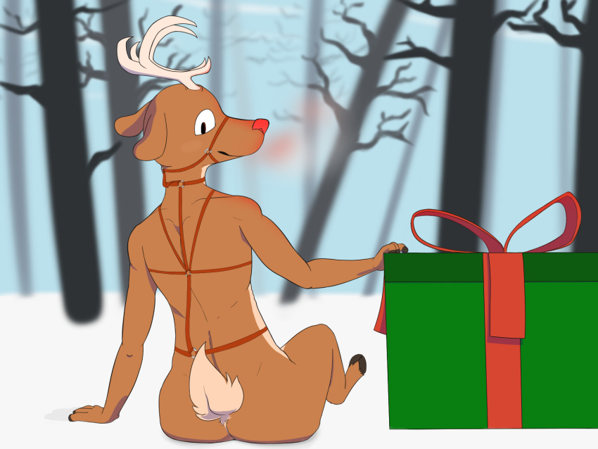 4:3 anthro antlers blush butt butt_focus capreoline cervid forest forest_background gift glowing glowing_nose hand_on_floor harness harness_only hi_res hooves horn keysquid looking_back male mammal nature nature_background plant raised_tail rear_view reindeer reins ribbons rudolph_the_red_nosed_reindeer sitting sitting_on_floor smile snow solo tree