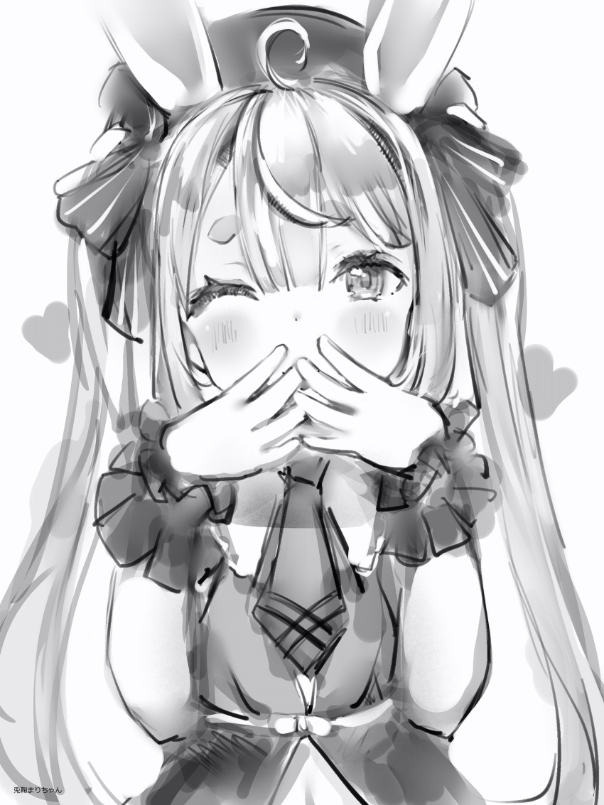 1girl ahoge animal_ears blush bow bunny_ears copyright_request dot_nose greyscale hair_bow hands_over_mouth hands_up hat heart highres long_hair looking_at_viewer mini_necktie monochrome nanashi_(nlo) one_eye_closed solo two_side_up upper_body