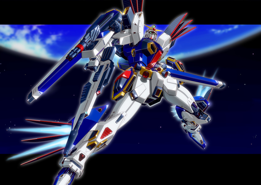 arm_cannon f90_gundam floating gatling_gun green_eyes gun gundam gundam_f90 highres holding holding_gun holding_weapon looking_up mecha no_humans planet science_fiction solo v-fin vernier_thrusters weapon yakisoba_(kaz2113)