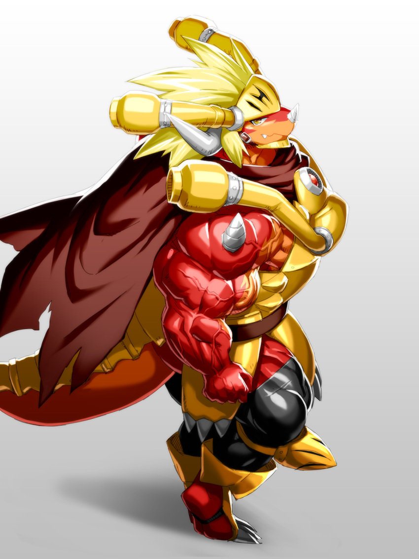 2020 anthro armor barazoku biceps big_muscles blonde_hair cape clothed clothing deltoids dragon drum_bunker_dragon future_card_buddyfight grey_background hair headgear helmet hi_res high-angle_view horn kuroma looking_at_viewer male multicolored_body muscular muscular_anthro muscular_male orange_body quads red_body scalie side_view simple_background solo spikes spikes_(anatomy) standing triceps two_tone_body vein veiny_muscles