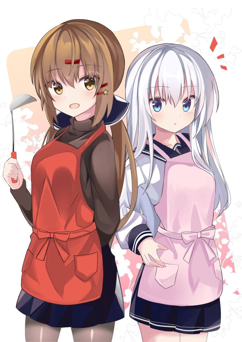 2girls :d alternate_costume apron black_bow blue_eyes blue_sweater bow brown_eyes brown_hair brown_legwear brown_sweater commentary_request duplicate eyebrows eyebrows_visible_through_hair fathom hair_between_eyes hair_bow hair_ornament hairclip hibiki_(kantai_collection) highres kantai_collection long_hair long_sleeves looking_at_viewer low_twintails multiple_girls open_mouth pantyhose red_apron sailor_collar school_uniform serafuku smile sweater tashkent_(kantai_collection) turtleneck turtleneck_sweater twintails verniy_(kantai_collection) white_hair