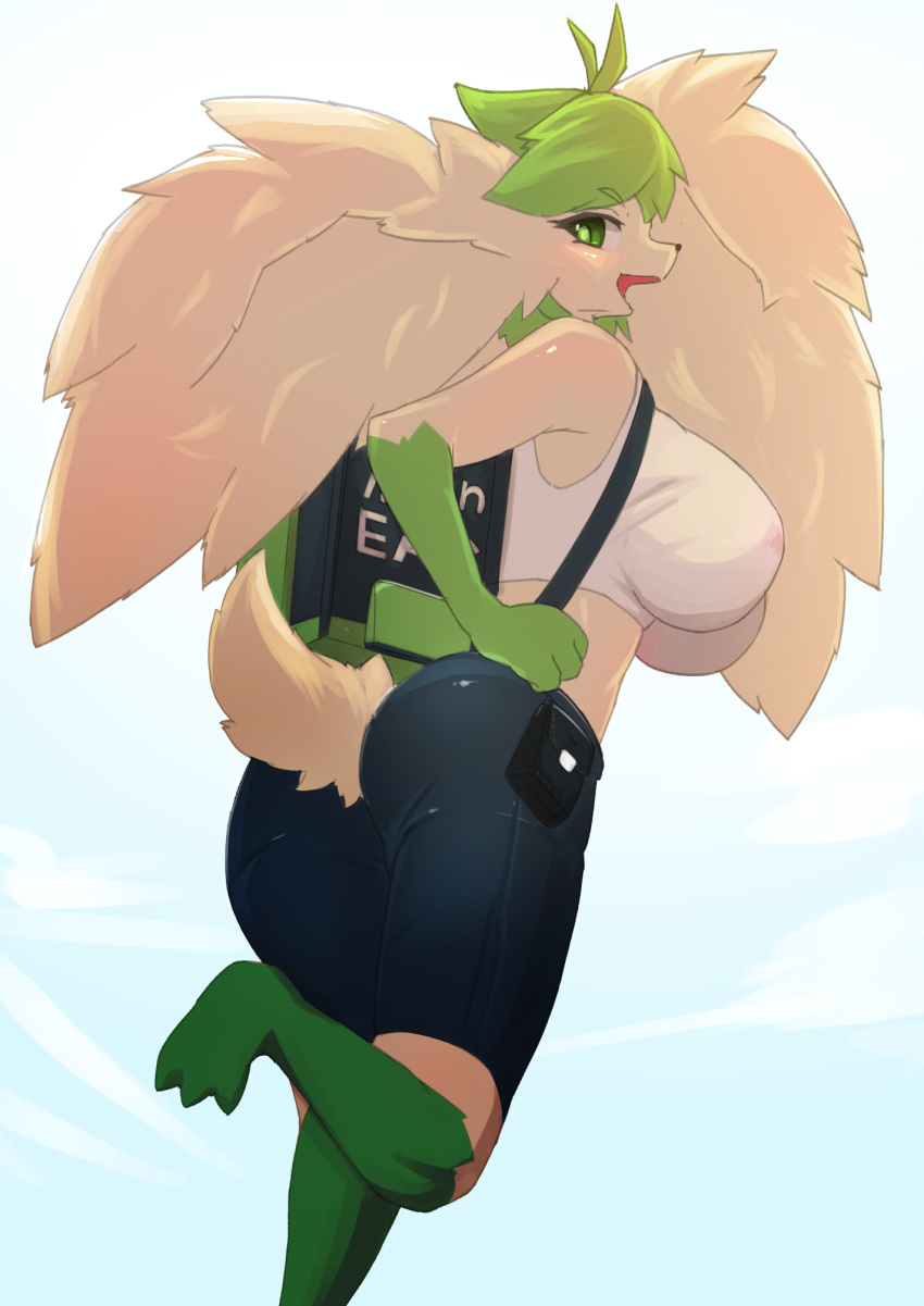 anthro anthrofied biped bottomwear clothing female fur green_body green_fur green_hair hair hi_res legendary_pok&eacute;mon mammal nintendo pants pok&eacute;mon pok&eacute;mon_(species) raaggu shaymin solo video_games white_body white_fur