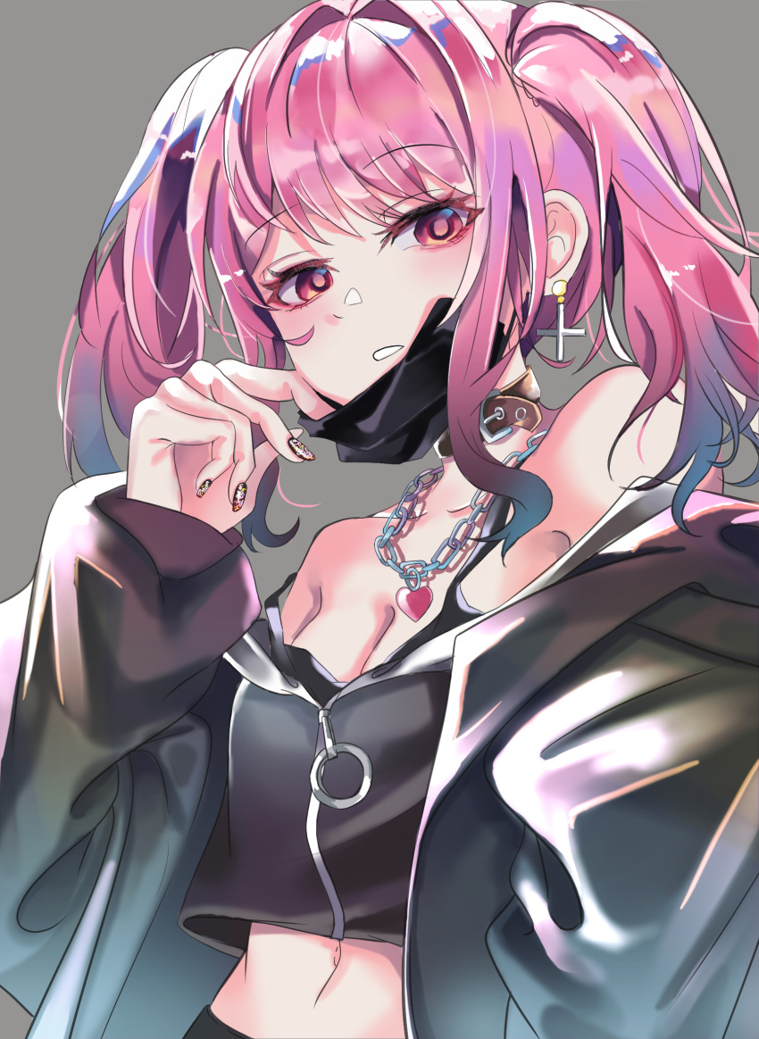 1girl bang_dream! bangs bare_shoulders belt_collar black_camisole black_jacket breasts camisole chain_necklace cleavage collar collarbone crop_top cross cross_earrings dated_commentary earrings eyebrows_visible_through_hair grey_background hair_intakes heart heart_necklace highres jacket jewelry long_hair long_sleeves looking_at_viewer maruyama_aya mask mask_pull midriff mouth_mask nail_polish navel off_shoulder open_clothes open_jacket parted_lips patpang pink_eyes pink_hair sidelocks simple_background solo strap_slip twintails upper_body