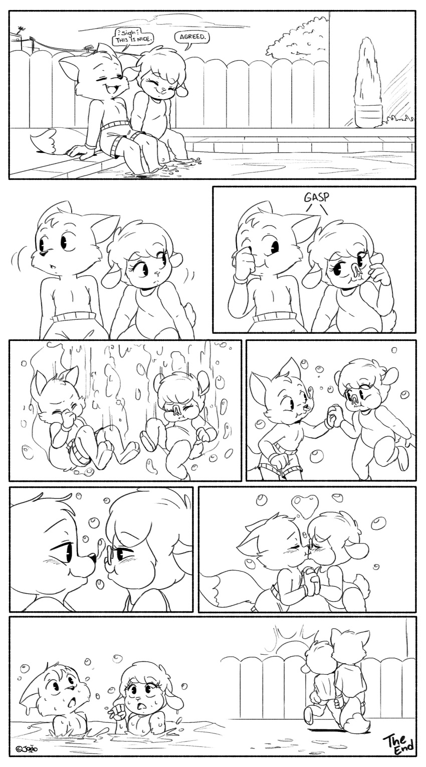 &lt;3 2019 absurd_res anthro blush bovid bubble canid canine caprine child clothing comic cute_fangs daww dialogue duo eye_contact eyes_closed female fox fred_(joaoppereiraus) fur gloves hand_holding handwear happy hi_res hooves interspecies_relationship joaoppereiraus kissing light looking_at_another love male mammal monochrome nose_plug olive_(joaoppereiraus) outside relaxing romantic_couple sheep signature sitting smile sun sunlight swimming swimming_pool swimwear underwater walking water wool_(fur) young