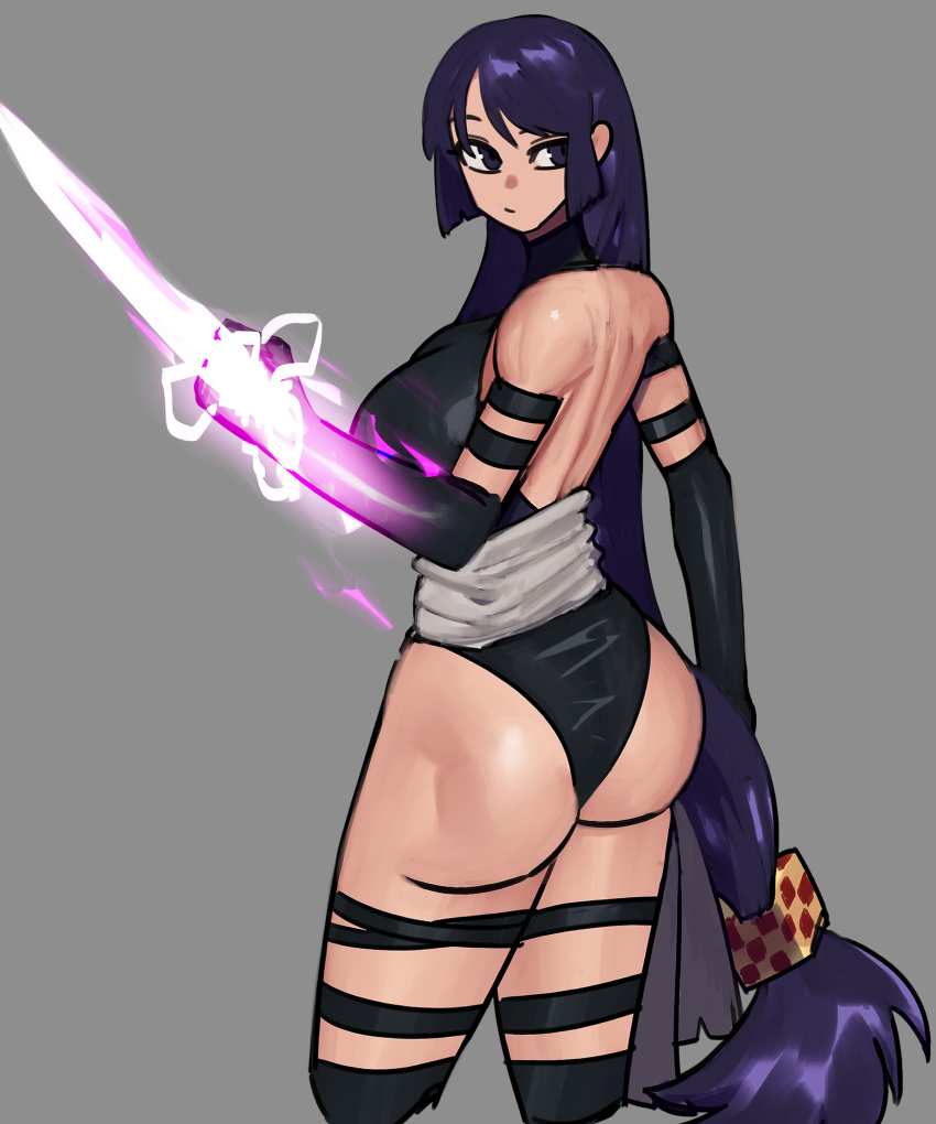 absurdres ass back black_leotard cosplay elbow_gloves energy_weapon fate/grand_order fate_(series) gloves highres leotard long_hair mano minamoto_no_raikou_(fate/grand_order) psylocke psylocke_(cosplay) purple_eyes purple_hair thigh_strap weapon x-men