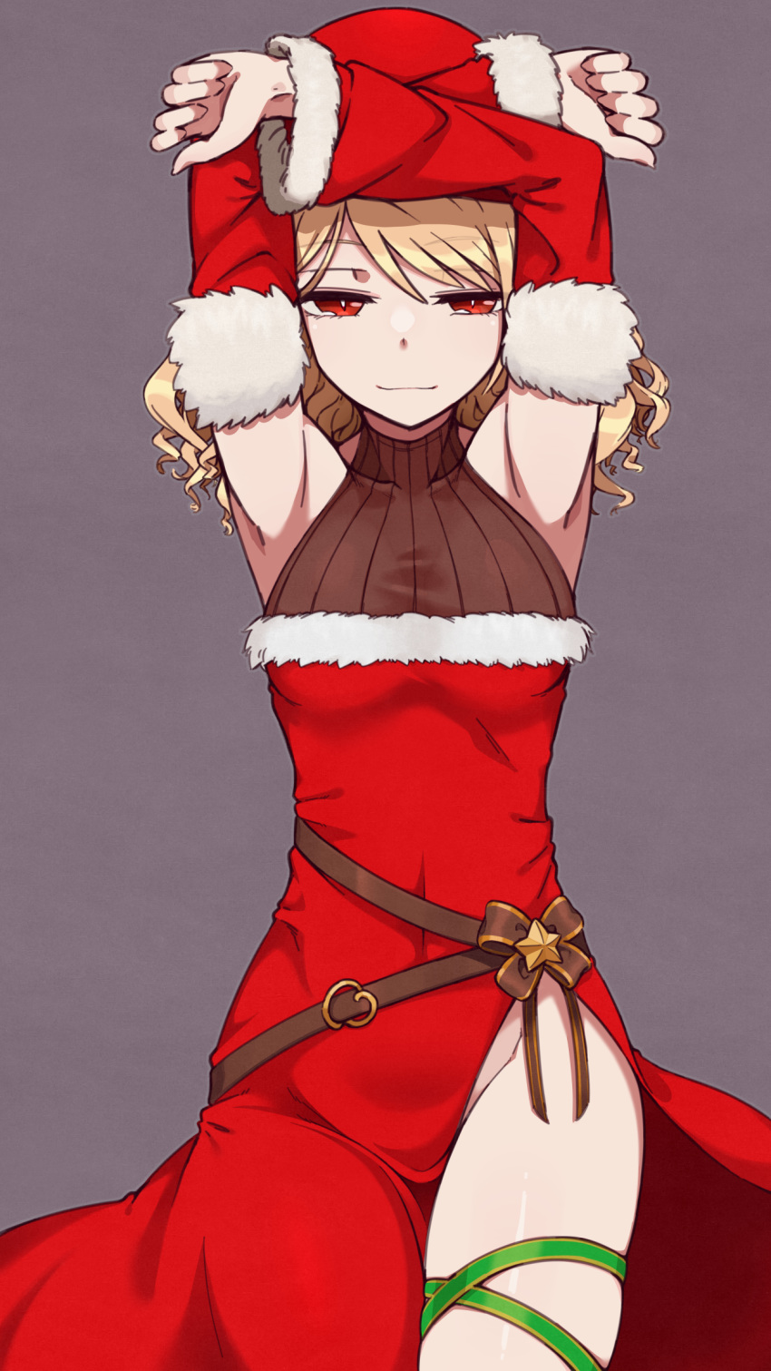 1girl armpits arms_up bangs bare_shoulders blonde_hair breasts bright_pupils christmas closed_mouth commentary_request covered_navel cowboy_shot detached_sleeves dress eyebrows_visible_through_hair fur-trimmed_dress fur-trimmed_sleeves fur_trim gokusai_kaibi grey_background hat highres irokohaku looking_at_viewer measure_heart medium_hair no_panties red_dress red_eyes santa_dress santa_hat side_slit sleeveless sleeveless_dress small_breasts smile solo standing swept_bangs thigh_strap to_aru_majutsu_no_index white_pupils