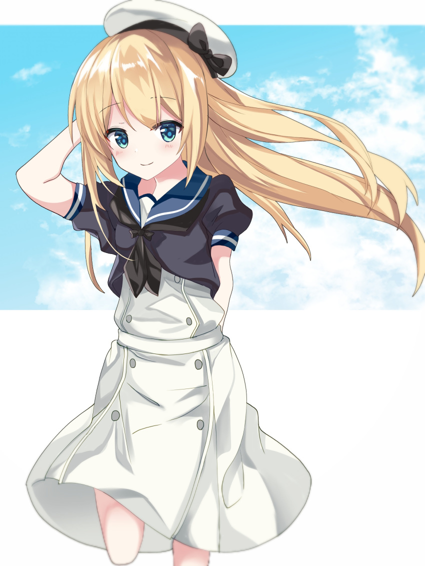 1girl absurdres arm_behind_back arm_up black_neckwear black_shirt blonde_hair blue_eyes blue_sailor_collar blue_sky buttons cloud cloudy_sky commentary_request dress eyebrows eyebrows_visible_through_hair fathom hand_on_headwear hand_on_own_head hat highres holding holding_clothes jervis_(kantai_collection) kantai_collection long_hair looking_at_viewer sailor_collar sailor_dress sailor_hat sailor_shirt shirt short_sleeves sidelocks sky solo standing standing_on_one_leg white_background white_dress white_headwear