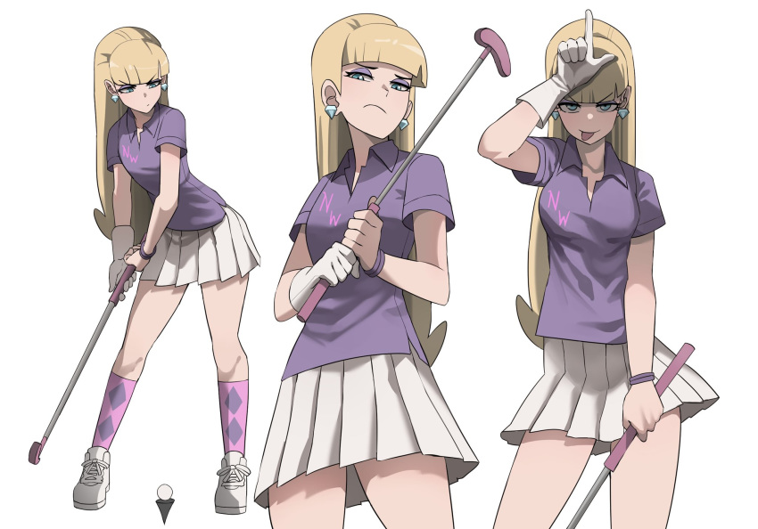1girl ball blonde_hair blue_eyes bracelet disdain earrings frown gloves golf_ball golf_club gravity_falls highres jewelry jourd4n kneehighs long_hair looking_at_viewer pacifica_northwest putter shirt shoes simple_background single_glove skirt sneakers t-shirt tongue tongue_out white_footwear white_gloves