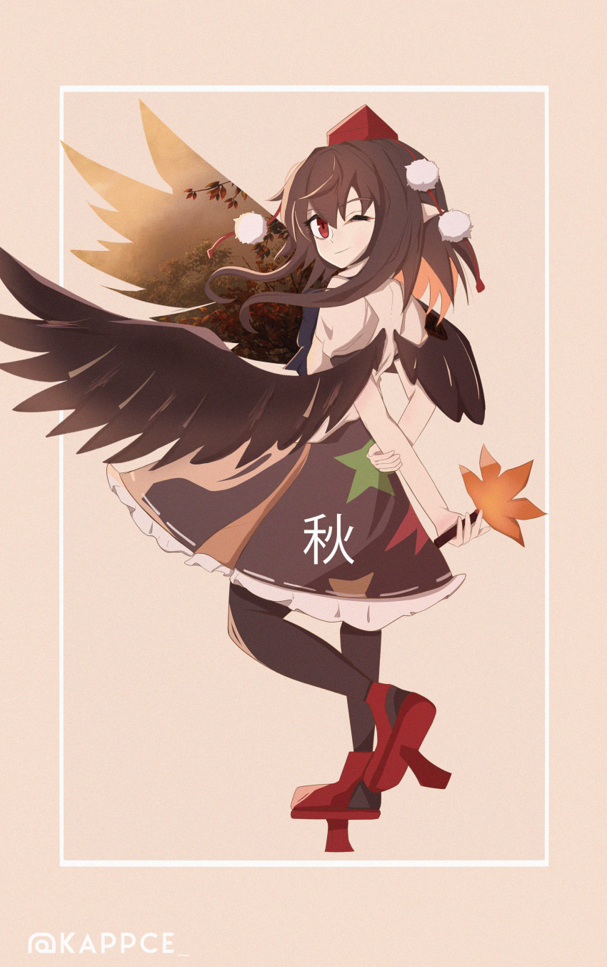 1girl absurdres arms_behind_back artist_name autumn black_legwear black_wings brown_hair double_exposure facing_away full_body geta hat hauchiwa highres kappce one_eye_closed pointy_ears pom_pom_(clothes) red_eyes ribbon shameimaru_aya shirt simple_background skirt smile solo standing standing_on_one_leg tengu-geta tokin_hat touhou wings