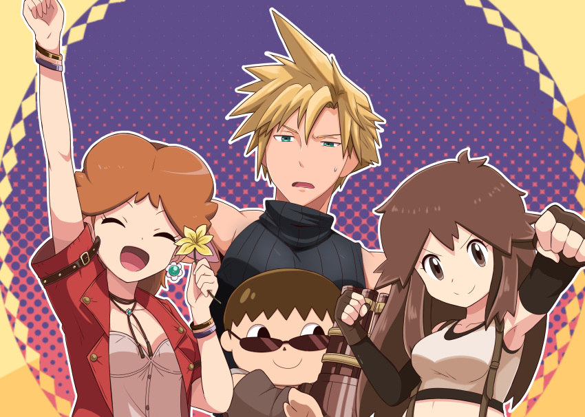2boys 2girls absurdres aerith_gainsborough aerith_gainsborough_(cosplay) animal_crossing arm_up barret_wallace barret_wallace_(cosplay) bolo_tie brown_hair cloud_strife confused cosplay dress final_fantasy final_fantasy_vii final_fantasy_vii_remake highres jacket leaf_(pokemon) mario_(series) multiple_boys multiple_girls pink_dress pokemon pokemon_(game) pokemon_frlg princess_daisy red_jacket saon101 smile sunglasses suspenders tank_top tifa_lockhart tifa_lockhart_(cosplay) villager_(animal_crossing)