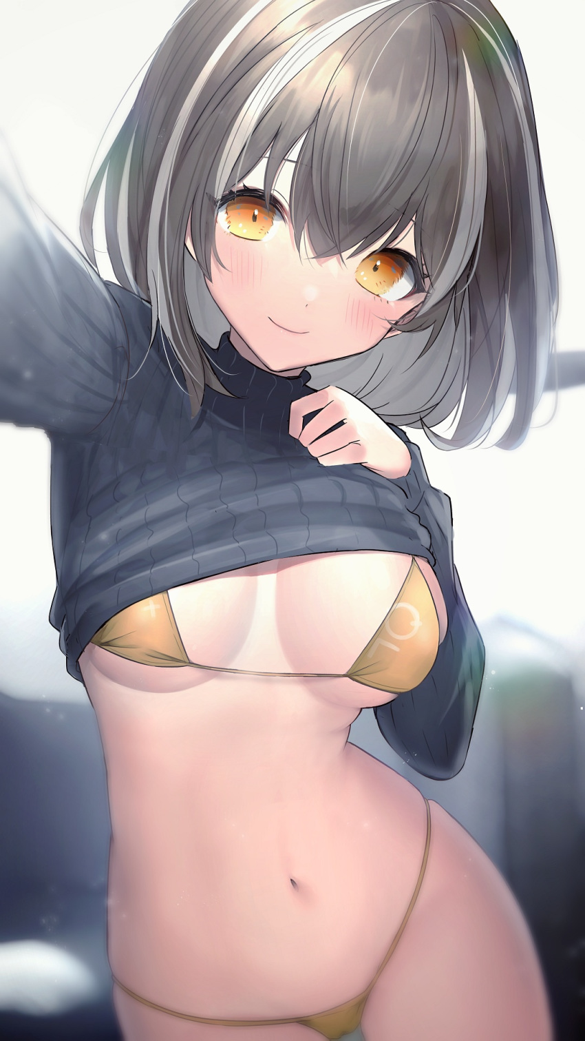 1girl adapted_costume alternate_costume arknights ass_visible_through_thighs bikini black_sweater blush breasts brown_hair cleavage closed_mouth clothes_lift commentary_request cowboy_shot embarrassed eyebrows_visible_through_hair hair_between_eyes highres large_breasts looking_at_viewer magallan_(arknights) midriff multicolored_hair navel ribbed_sweater seia_(tikxxx) self_shot short_hair silver_hair simple_background smile solo streaked_hair sweater sweater_lift swimsuit thigh_gap thighs turtleneck turtleneck_sweater white_background yellow_bikini yellow_eyes