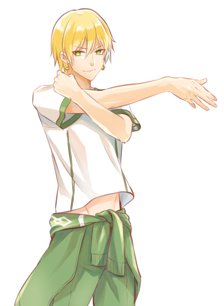 1boy alternate_costume bangs bishounen blonde_hair cowboy_shot earrings fate/grand_order fate_(series) gold_earrings green_eyes hair_between_eyes highres jason_(fate/grand_order) jewelry looking_at_viewer male_focus midriff_peek okuno_naru_(exoprsa) shirt short_hair simple_background solo white_shirt